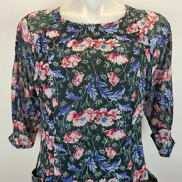 Zapa Basic Green Blue Floral Print Chiffon Dress Cottagecore Medium - Picture 2 of 13